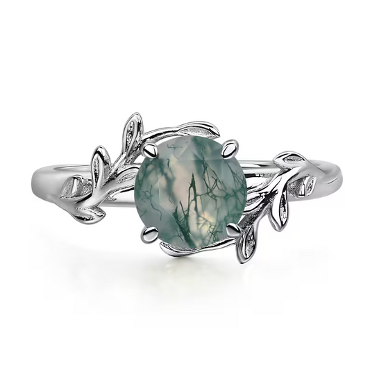 Moss Agate Ring Round Shaped 7x7 mm Sterling Silver Twig Engagement Ring 2201